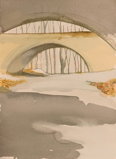 The Overpasses with Snow, Gouache on paper, 26 x 36 cm, 2020
