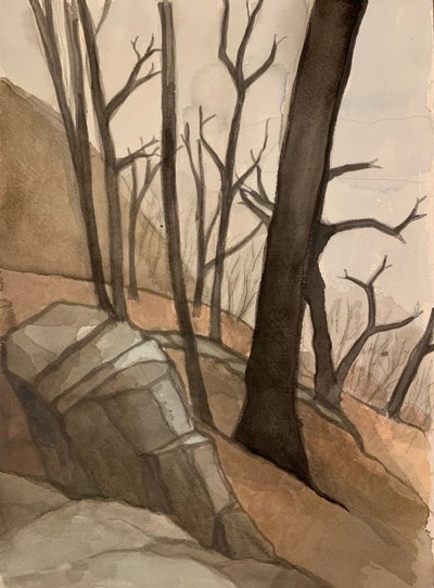 Trees and Rocks on a Slope, Gouache on paper, 26 x 36 cm, 2019