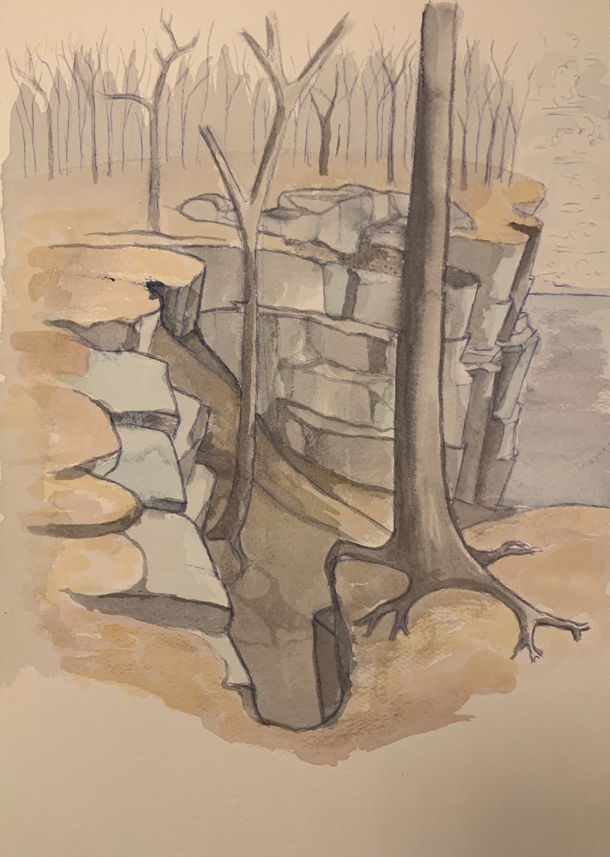 Broken Landscape, Gouache and pen on paper, 26 x 36 cm, 2019