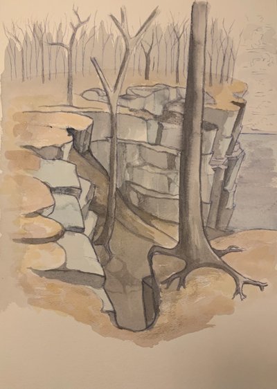 Broken Landscape, Gouache and pen on paper, 26 x 36 cm, 2019