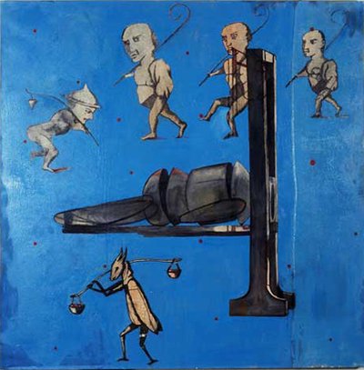 Dwarf Puppet Execution by Guillotine, Oil on canvas, 60 x 54 inches, 1991