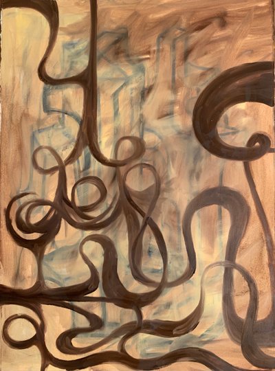 The Bottom Falls Out, Oil and shellac on printmaking paper, 34 x 24 inches, 2019