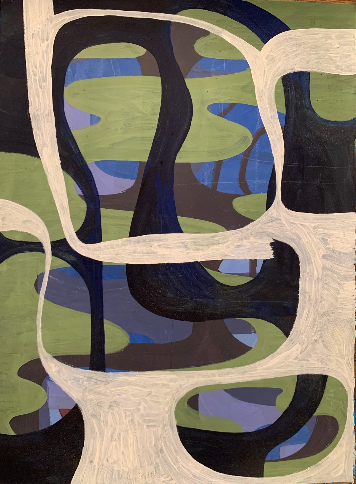 Hunting Party, Oil and shellac on printmaking paper, 34 x 24 inches, 2019