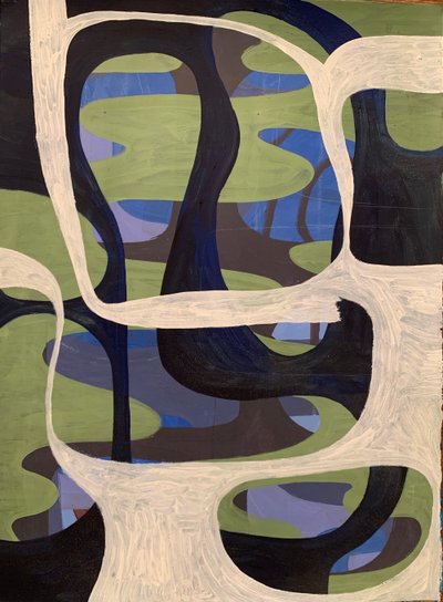 Hunting Party, Oil and shellac on printmaking paper, 34 x 24 inches, 2019