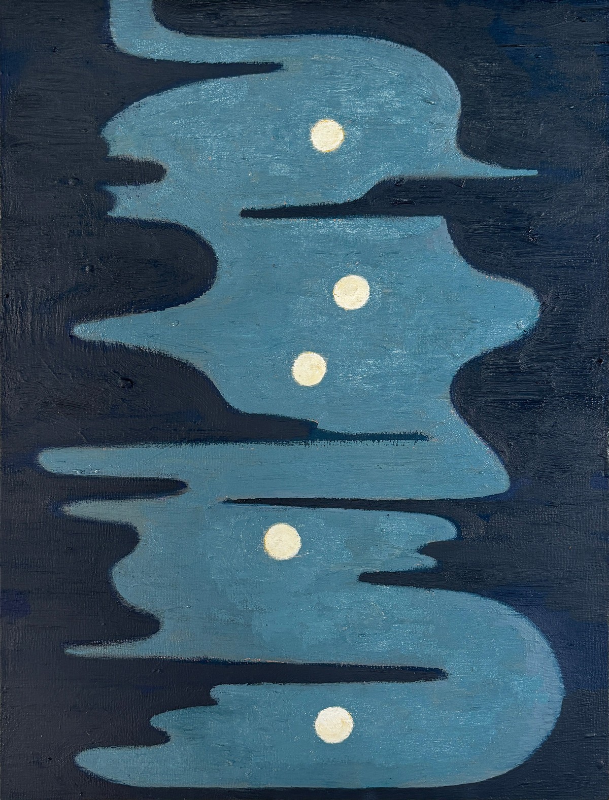 Five Distant Moons, Oil on board, 9 x 12 inches, 2025
