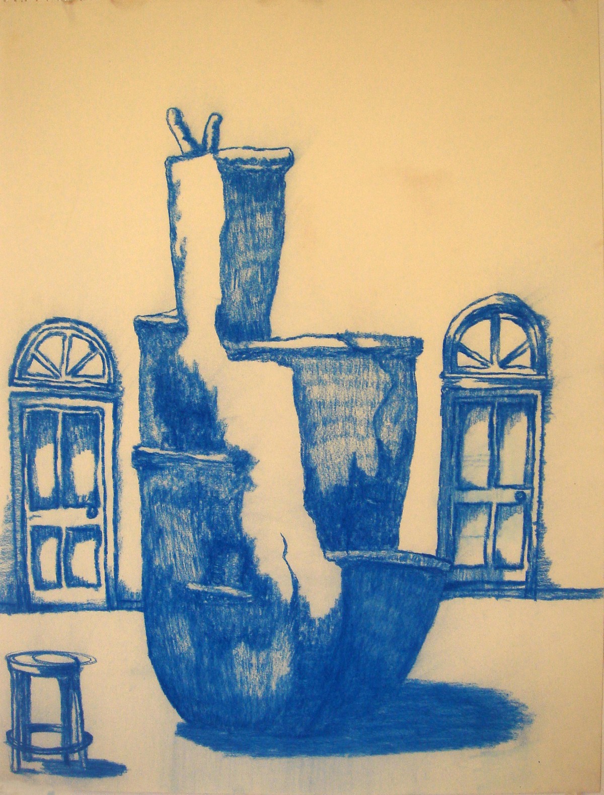 Unbearable Sculpture in Room with Transom Windows, Conté on paper, 23 x 34 inches, 2008
