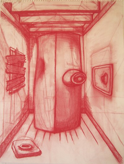 Unbearable Sculpture in a Boarded-up Room, Conté on paper, 23 x 34 inches, 2008
