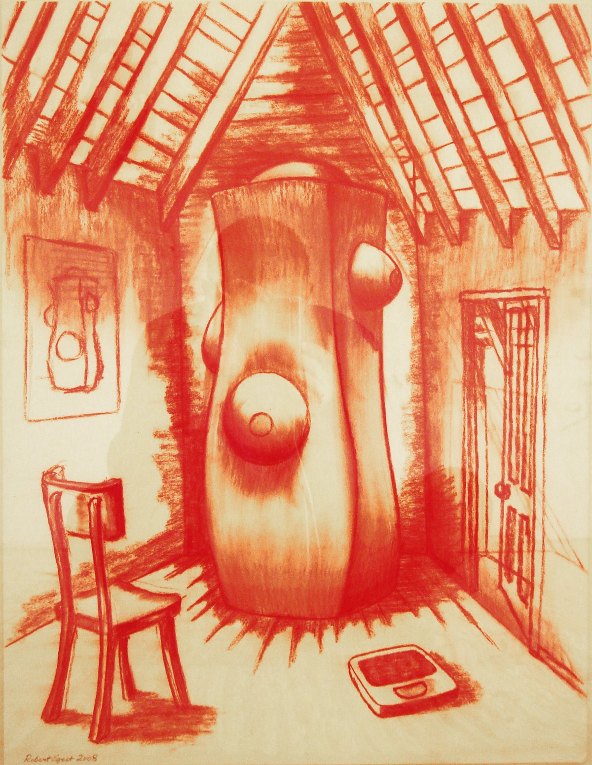 Unbearable Sculpture in an Attic, Conté on paper, 23 x 34 inches, 2008