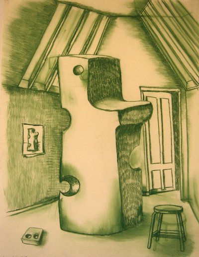 Unbearable Sculpture Composed of Swiss Cheese, Conté on paper, 23 x 34 inches, 2008
