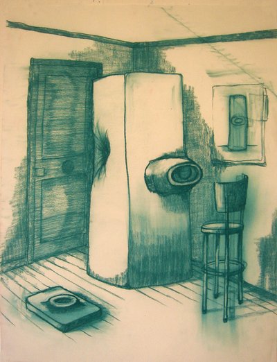 Unbearable Sculpture in a Flat on Rue Des Martyrs, Paris, Conté on paper, 23 x 34 inches, 2008