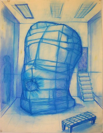 Unbearable Sculpture with a Sofa, Conté on paper, 23 x 34 inches, 2008