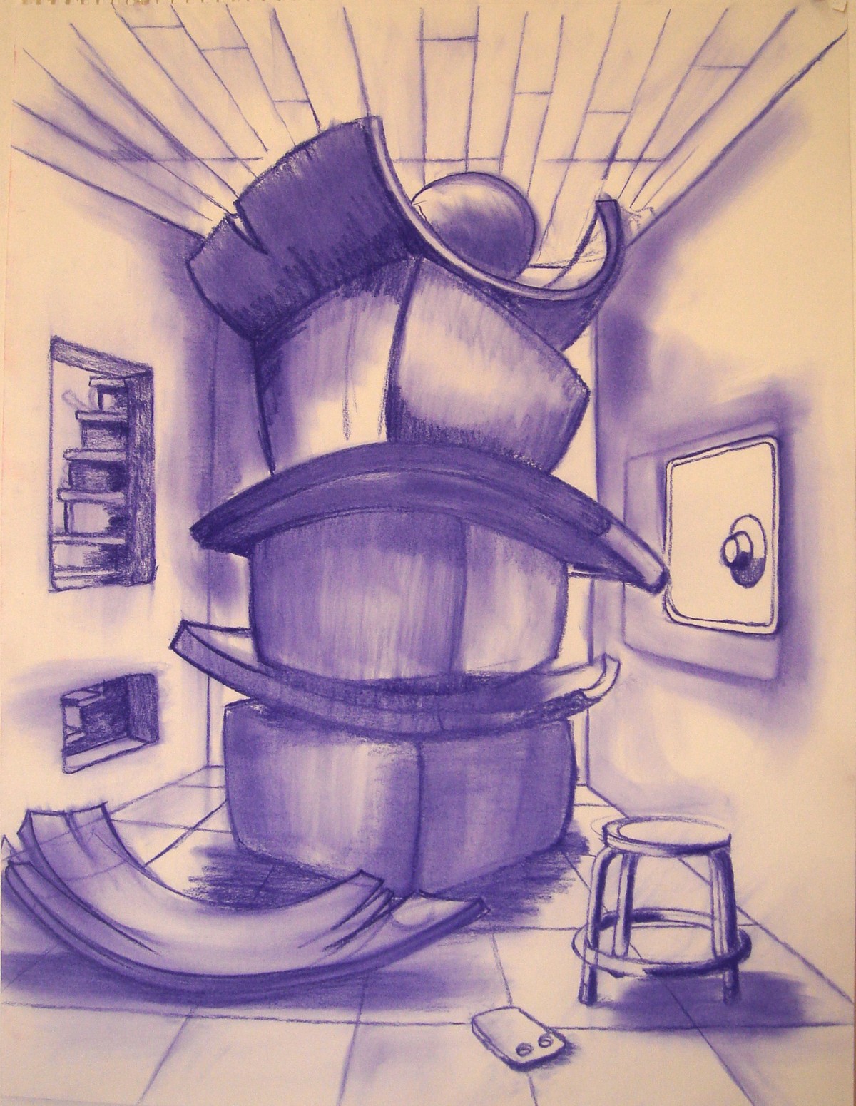 Unbearable Sculpture in the Form of a Shish Kabob, Conté on paper, 23 x 34 inches, 2008