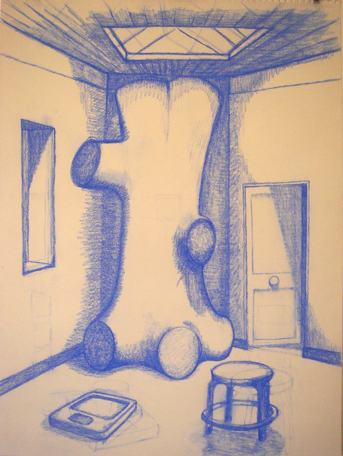 Unbearable Sculpture in the Form of a Tree Trunk Beneath a Skylight, Conté on paper, 23 x 34 inches, 2008